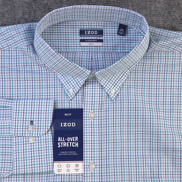 New Izod Dress Shirt 18.5 34/35 2XL Auqa Check All Over Stretch Button Down - Picture 1 of 8